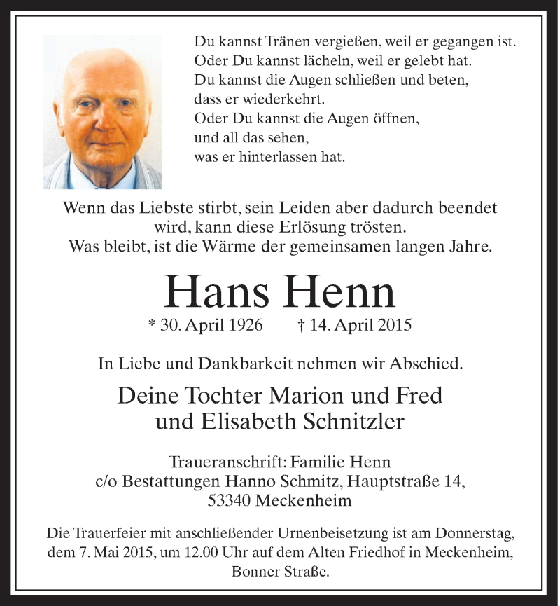  Traueranzeige für Hans Henn vom 06.05.2015 aus  Schaufenster/Blickpunkt 