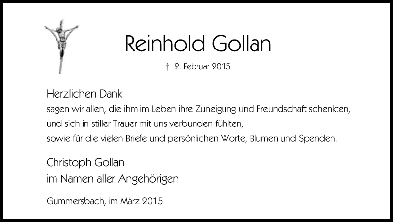 Traueranzeige für Reinhold Gollan vom 21.03.2015 aus Kölner Stadt-Anzeiger / Kölnische Rundschau / Express