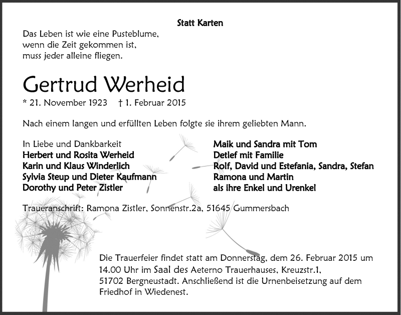  Traueranzeige für Gertrud Werheid vom 18.02.2015 aus  Anzeigen Echo 
