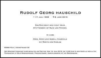 Anzeige von Rudolf Georg Hauschild von Kölner Stadt-Anzeiger / Kölnische Rundschau / Express