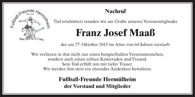  Traueranzeige für Franz Josef Maaß vom 04.11.2015 aus  Wochenende 