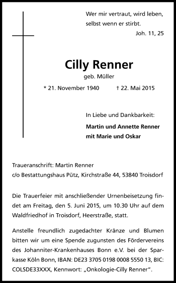 Anzeige von Cilly Renner von Kölner Stadt-Anzeiger / Kölnische Rundschau / Express