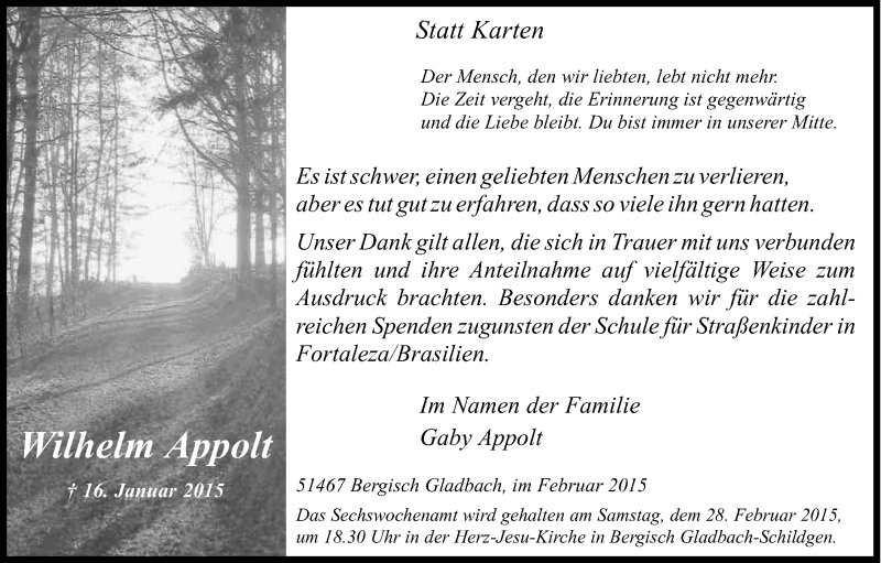  Traueranzeige für Wilhelm Appolt vom 21.02.2015 aus Kölner Stadt-Anzeiger / Kölnische Rundschau / Express