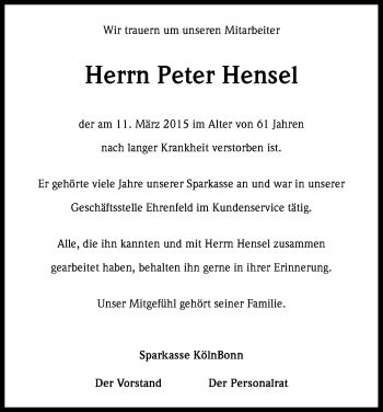 Anzeige von Peter Hensel von Kölner Stadt-Anzeiger / Kölnische Rundschau / Express