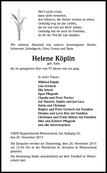 Anzeige von Helene Köplin von Kölner Stadt-Anzeiger / Kölnische Rundschau / Express