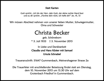 Anzeige von Christa Becker von Kölner Stadt-Anzeiger / Kölnische Rundschau / Express