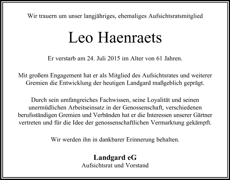  Traueranzeige für Leo Haenraets vom 15.08.2015 aus Kölner Stadt-Anzeiger / Kölnische Rundschau / Express