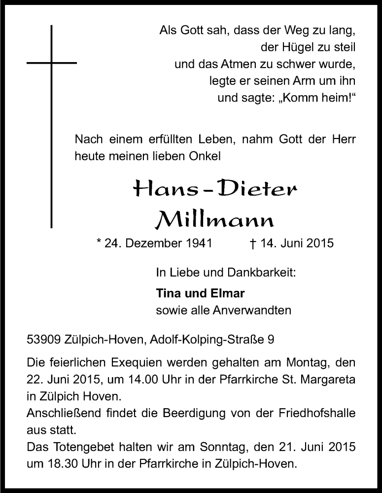  Traueranzeige für Hans-Dieter Millmann vom 18.06.2015 aus Kölner Stadt-Anzeiger / Kölnische Rundschau / Express