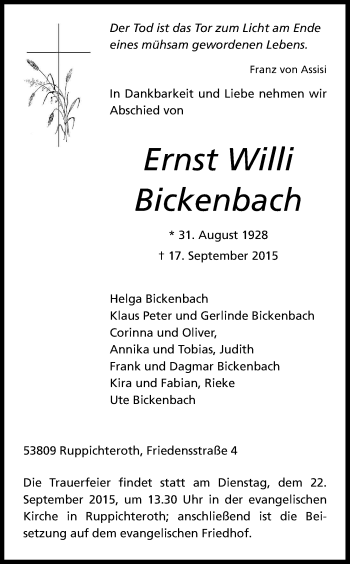 Anzeige von Ernst Willi Bickenbach von Kölner Stadt-Anzeiger / Kölnische Rundschau / Express