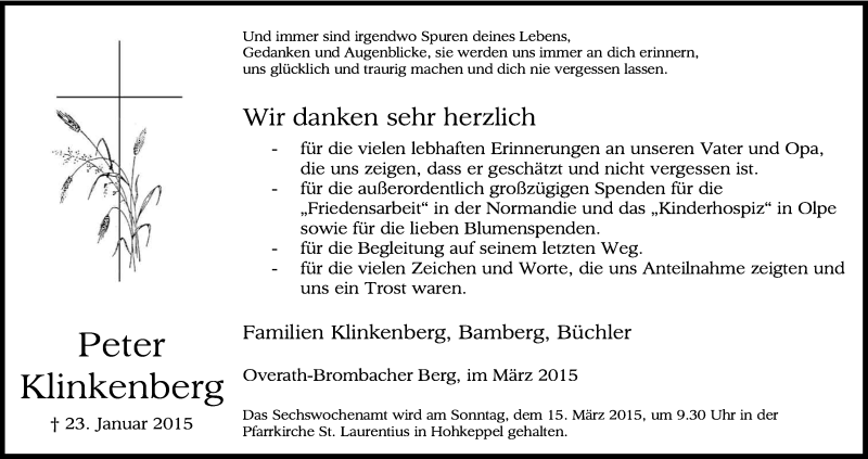  Traueranzeige für Peter Klinkenberg vom 07.03.2015 aus Kölner Stadt-Anzeiger / Kölnische Rundschau / Express