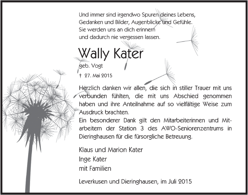  Traueranzeige für Wally Kater vom 15.07.2015 aus  Anzeigen Echo 