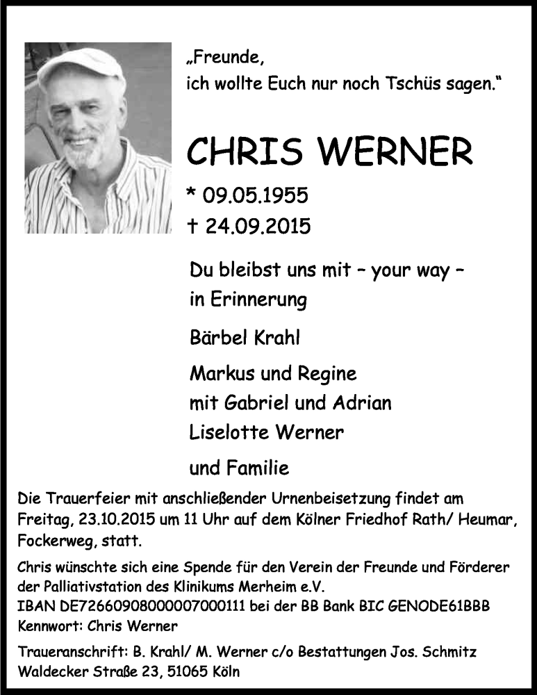  Traueranzeige für Chris Werner vom 17.10.2015 aus Kölner Stadt-Anzeiger / Kölnische Rundschau / Express