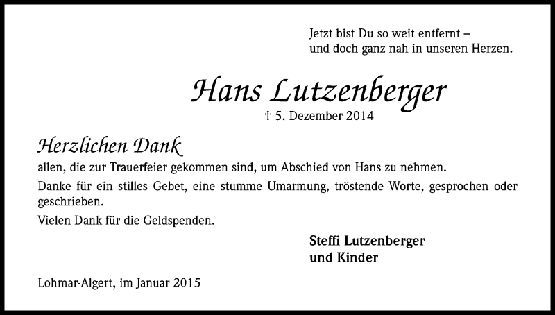  Traueranzeige für Hans Lutzenberger vom 17.01.2015 aus Kölner Stadt-Anzeiger / Kölnische Rundschau / Express