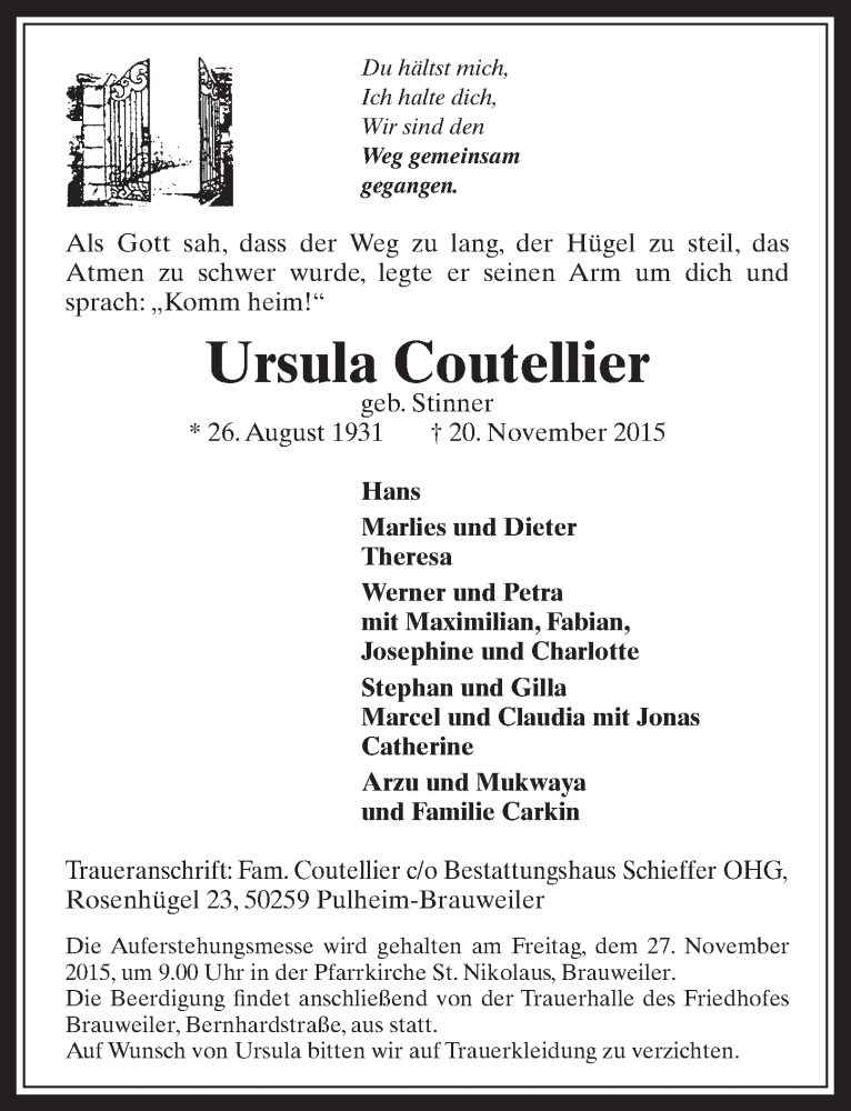  Traueranzeige für Ursula Coutellier vom 25.11.2015 aus  Wochenende 