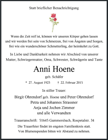 Anzeige von Anni Hoene von Kölner Stadt-Anzeiger / Kölnische Rundschau / Express
