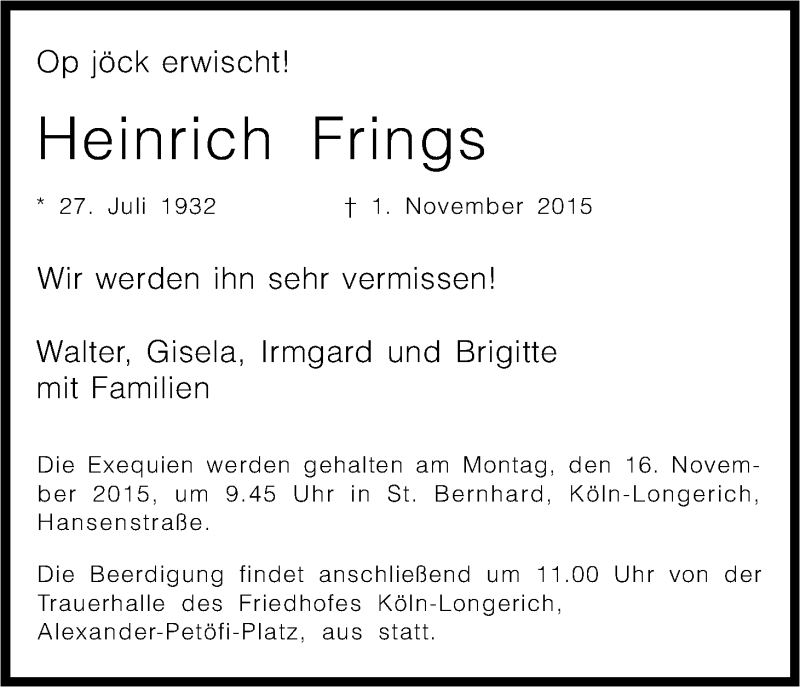  Traueranzeige für Heinrich Frings vom 07.11.2015 aus Kölner Stadt-Anzeiger / Kölnische Rundschau / Express