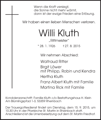 Anzeige von Willi Kluth von  Schaufenster/Blickpunkt 