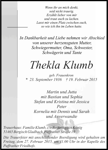 Anzeige von Thekla Klumb von Kölner Stadt-Anzeiger / Kölnische Rundschau / Express
