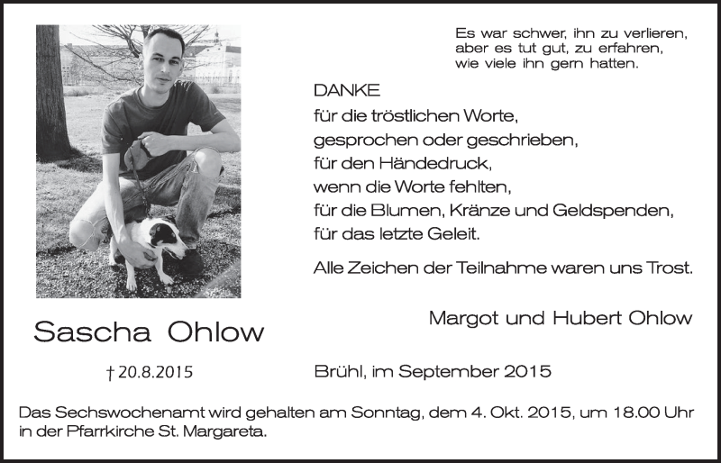  Traueranzeige für Sascha Ohlow vom 30.09.2015 aus  Schlossbote/Werbekurier 