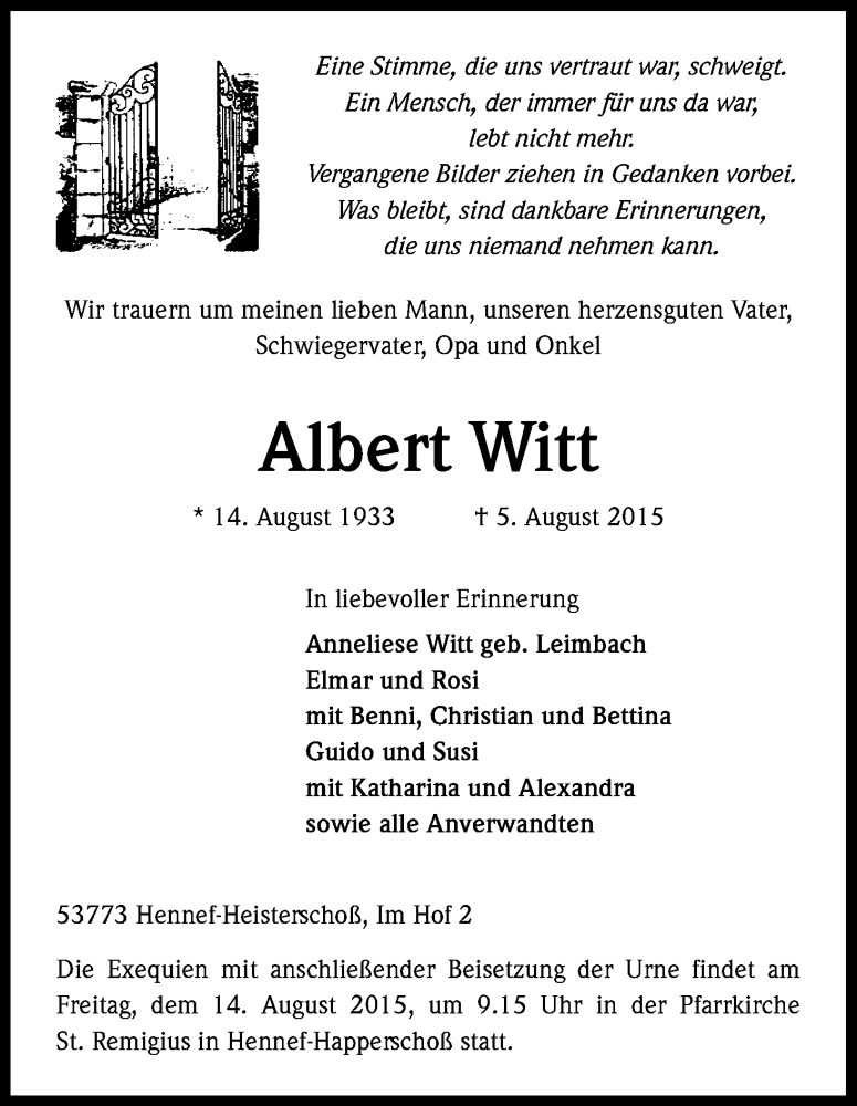  Traueranzeige für Albert Witt vom 12.08.2015 aus Kölner Stadt-Anzeiger / Kölnische Rundschau / Express