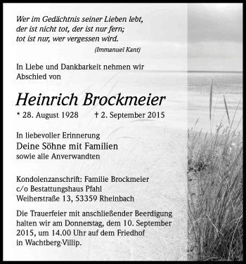 Anzeige von Heinrich Brockmeier von Kölner Stadt-Anzeiger / Kölnische Rundschau / Express