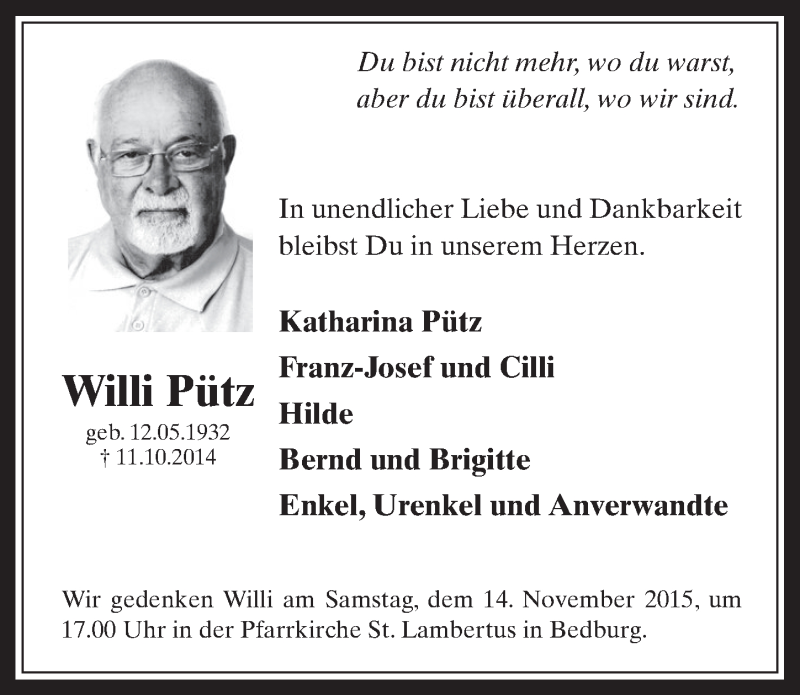  Traueranzeige für Willi Pütz vom 11.11.2015 aus  Werbepost 