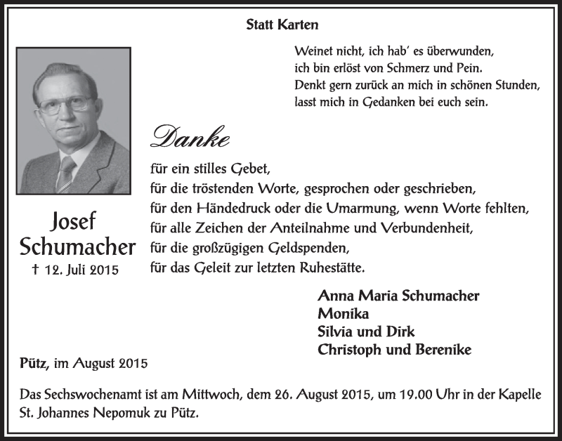  Traueranzeige für Josef Schumacher vom 15.08.2015 aus  Sonntags-Post 
