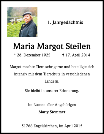 Anzeige von Maria Margot Steiler von Kölner Stadt-Anzeiger / Kölnische Rundschau / Express