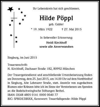 Anzeige von Hilde Pöppl von Kölner Stadt-Anzeiger / Kölnische Rundschau / Express