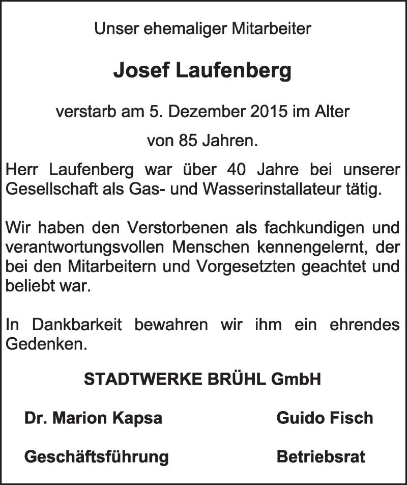  Traueranzeige für Josef Laufenberg vom 16.12.2015 aus  Schlossbote/Werbekurier 