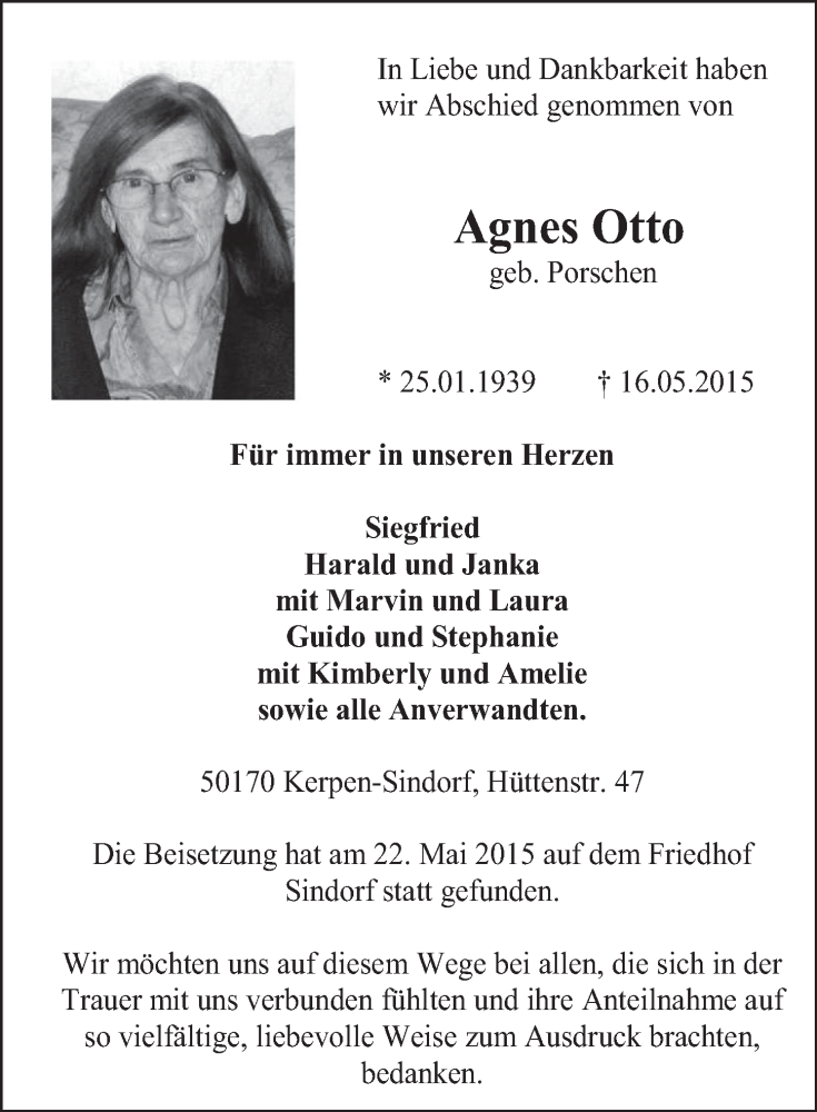  Traueranzeige für Agnes Otto vom 03.06.2015 aus  Werbepost 