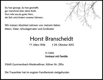 Anzeige von Horst Branscheidt von Kölner Stadt-Anzeiger / Kölnische Rundschau / Express