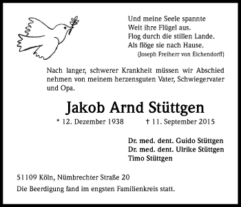 Anzeige von Jakob Arnd Stüttgen von Kölner Stadt-Anzeiger / Kölnische Rundschau / Express