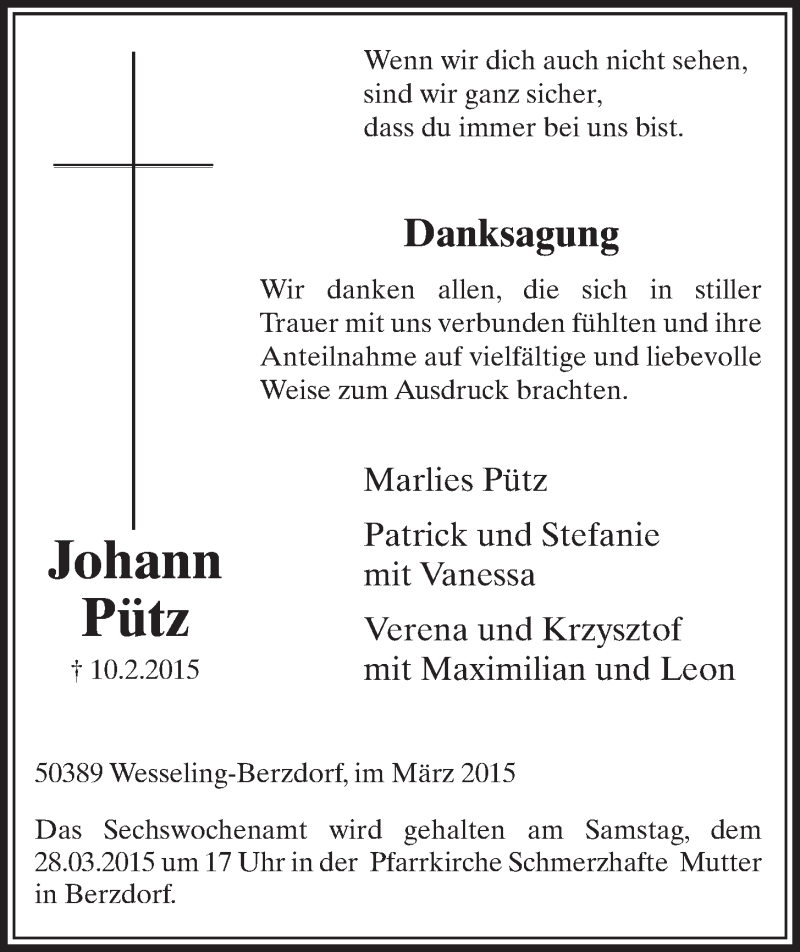  Traueranzeige für Johann Pütz vom 25.03.2015 aus  Schlossbote/Werbekurier 