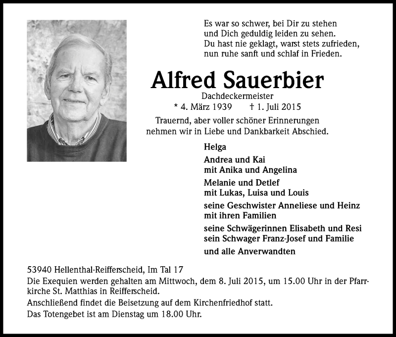  Traueranzeige für Alfred Sauerbier vom 04.07.2015 aus Kölner Stadt-Anzeiger / Kölnische Rundschau / Express