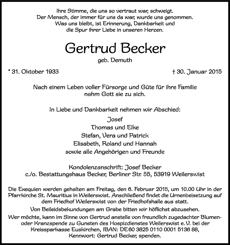 Traueranzeige für Gertrud Becker vom 04.02.2015 aus Kölner Stadt-Anzeiger / Kölnische Rundschau / Express