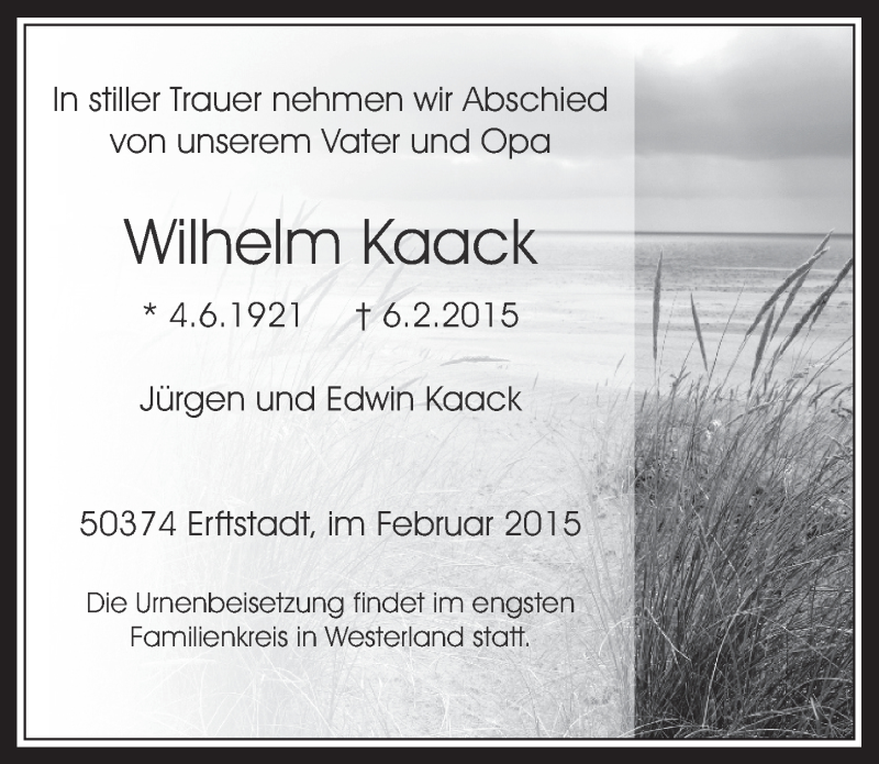  Traueranzeige für Wilhelm Kaack vom 11.02.2015 aus  Werbepost 