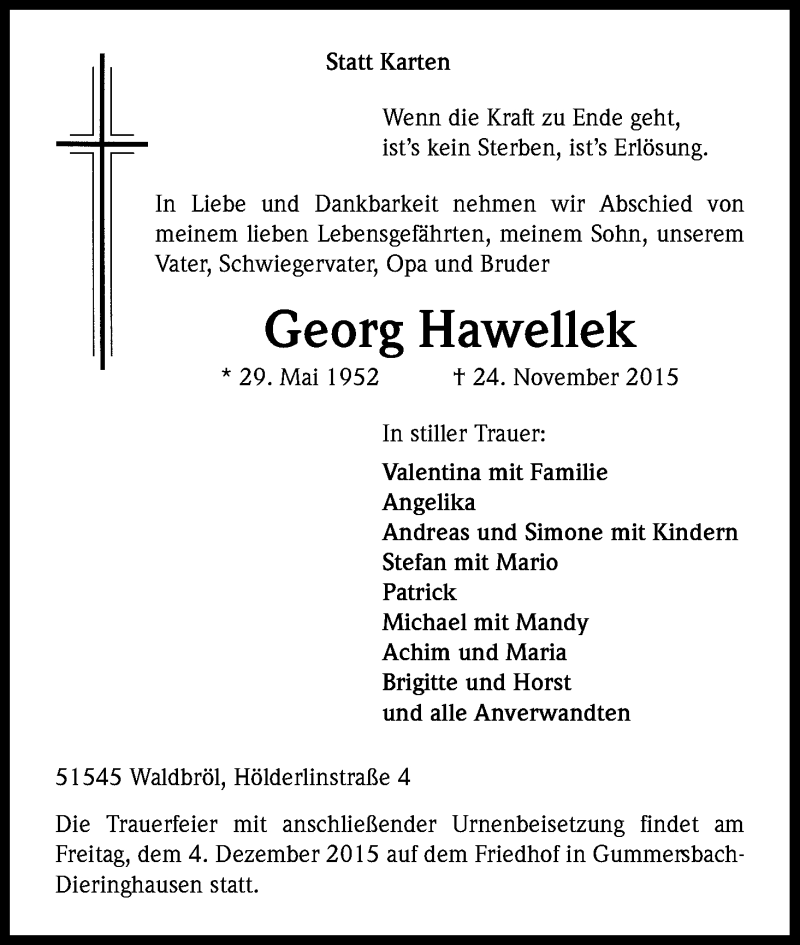  Traueranzeige für Georg Hawellek vom 01.12.2015 aus Kölner Stadt-Anzeiger / Kölnische Rundschau / Express
