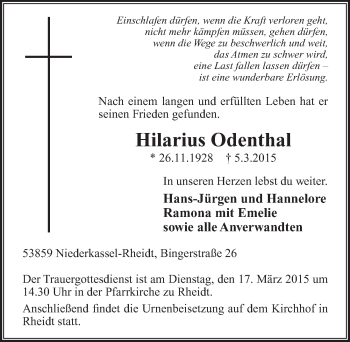 Anzeige von Hilarius Odenthal von  Extra Blatt 