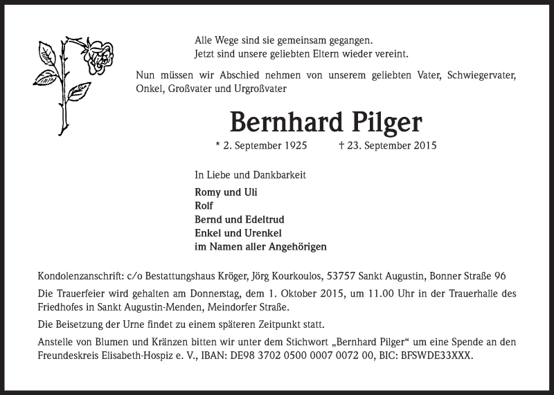  Traueranzeige für Bernhard Pilger vom 30.09.2015 aus  Extra Blatt 
