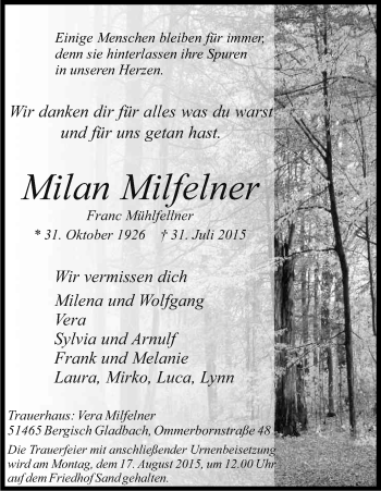 Anzeige von Milan Milfelner von Kölner Stadt-Anzeiger / Kölnische Rundschau / Express