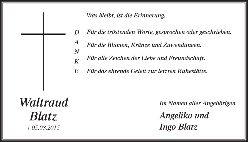  Traueranzeige für Waltraud Blatz vom 30.09.2015 aus  Lokalanzeiger 