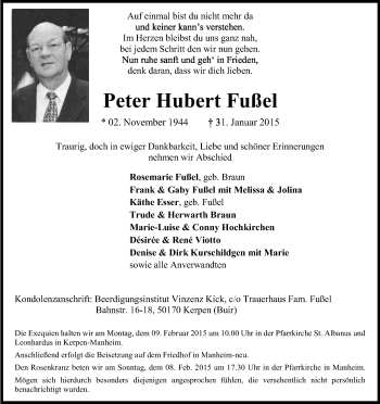 Anzeige von Peter Hubert Fußel von Kölner Stadt-Anzeiger / Kölnische Rundschau / Express