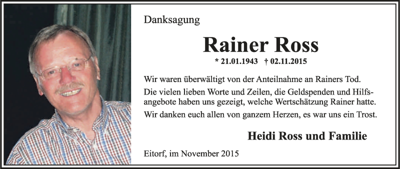  Traueranzeige für Rainer Ross vom 20.11.2015 aus Kölner Stadt-Anzeiger / Kölnische Rundschau / Express