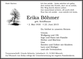 Anzeige von Erika Böhmer von  Bergisches Handelsblatt 