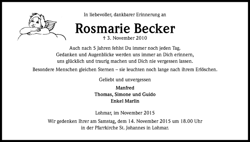  Traueranzeige für Rosmarie Becker vom 07.11.2015 aus Kölner Stadt-Anzeiger / Kölnische Rundschau / Express