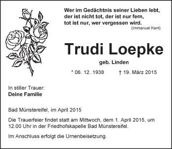 Anzeige von Trudi Loepke von  Blickpunkt Euskirchen 