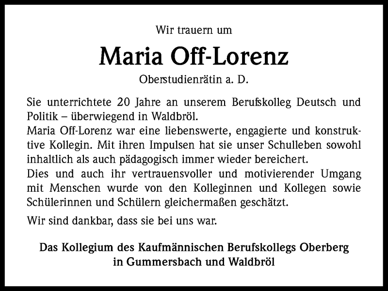  Traueranzeige für Maria Off-Lorenz vom 24.10.2015 aus Kölner Stadt-Anzeiger / Kölnische Rundschau / Express