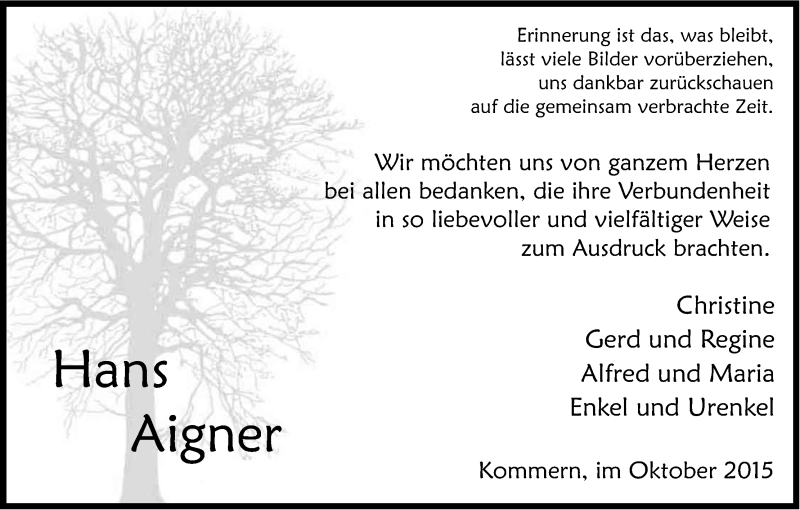  Traueranzeige für Hans Aigner vom 17.10.2015 aus Kölner Stadt-Anzeiger / Kölnische Rundschau / Express