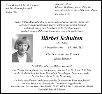 Anzeige von Bärbel Schulten von Kölner Stadt-Anzeiger / Kölnische Rundschau / Express